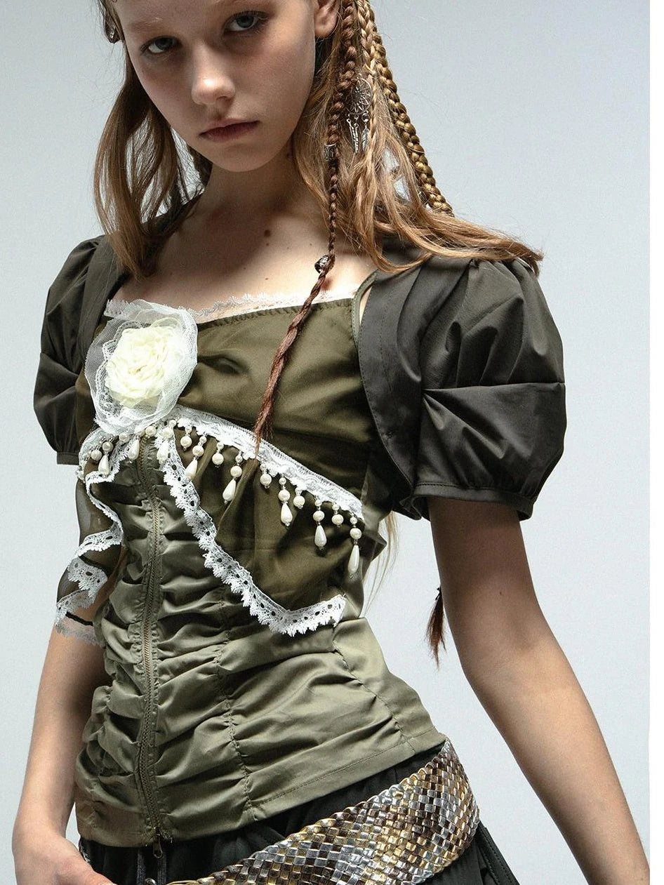Princess Sleeve Chiffon Lace Blouse &amp; Camisole 2-Piece Set
