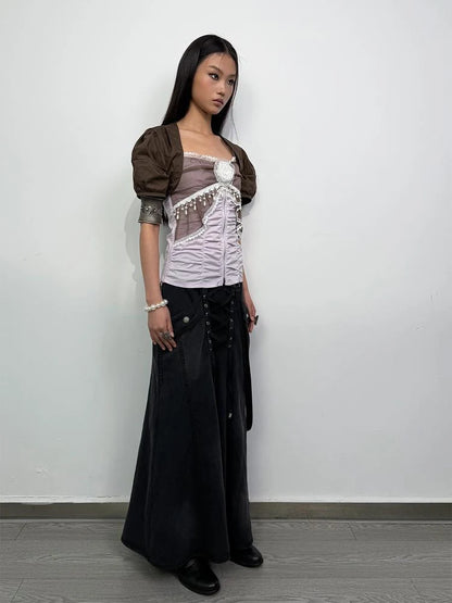 Princess Sleeve Chiffon Lace Blouse &amp; Camisole 2-Piece Set
