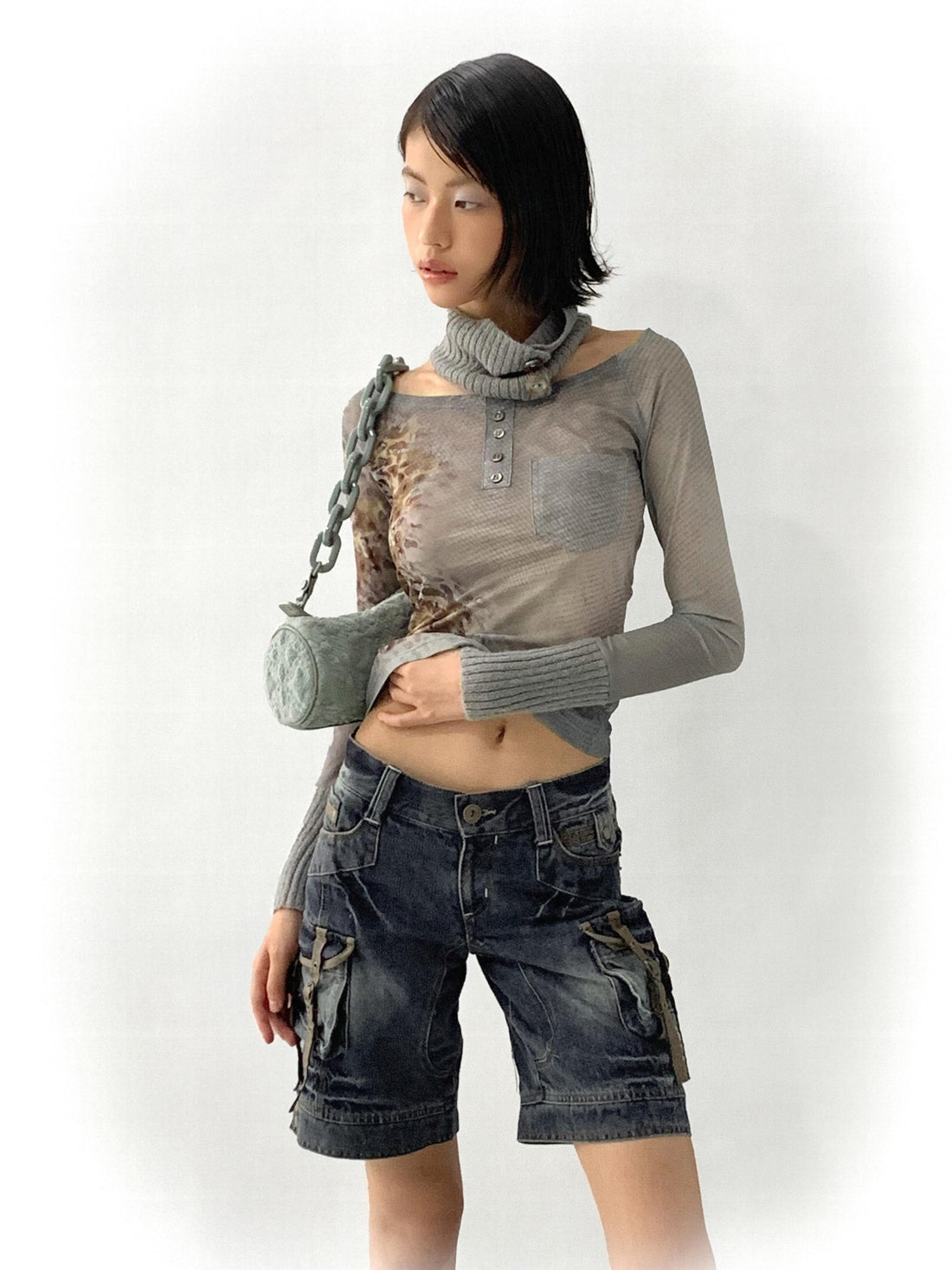 Flowers birds Market Printed Gradient Stretch Mesh Top With Detachable Neckband