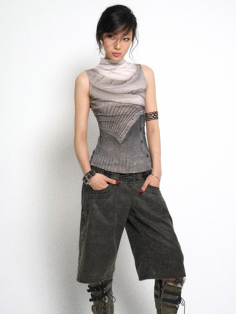 Flowers birds Market Printed Half Turtleneck Pure Cotton Stretch Slim Fit Knitted Vest