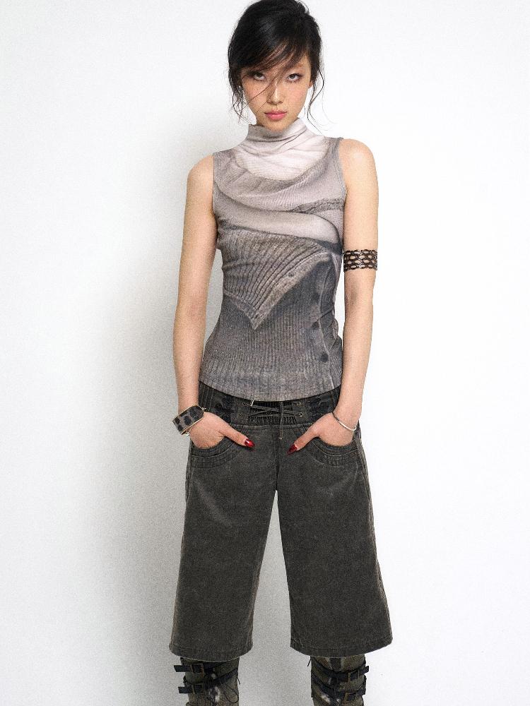 Flowers birds Market Printed Half Turtleneck Pure Cotton Stretch Slim Fit Knitted Vest