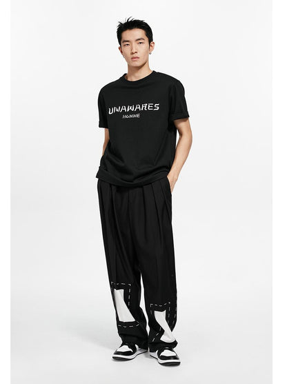 Printed Loose-fit Pleated Trousers with Embellished Stitching