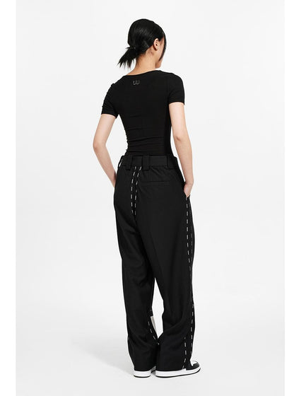 Printed Loose-fit Pleated Trousers with Embellished Stitching