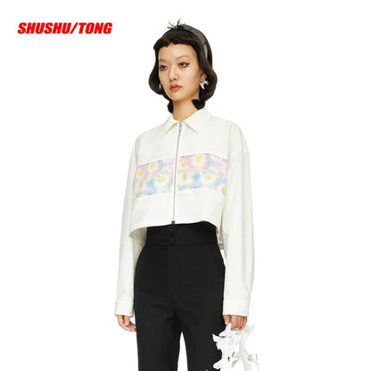 Printed Patchwork Zip-Up Shirt with Collar