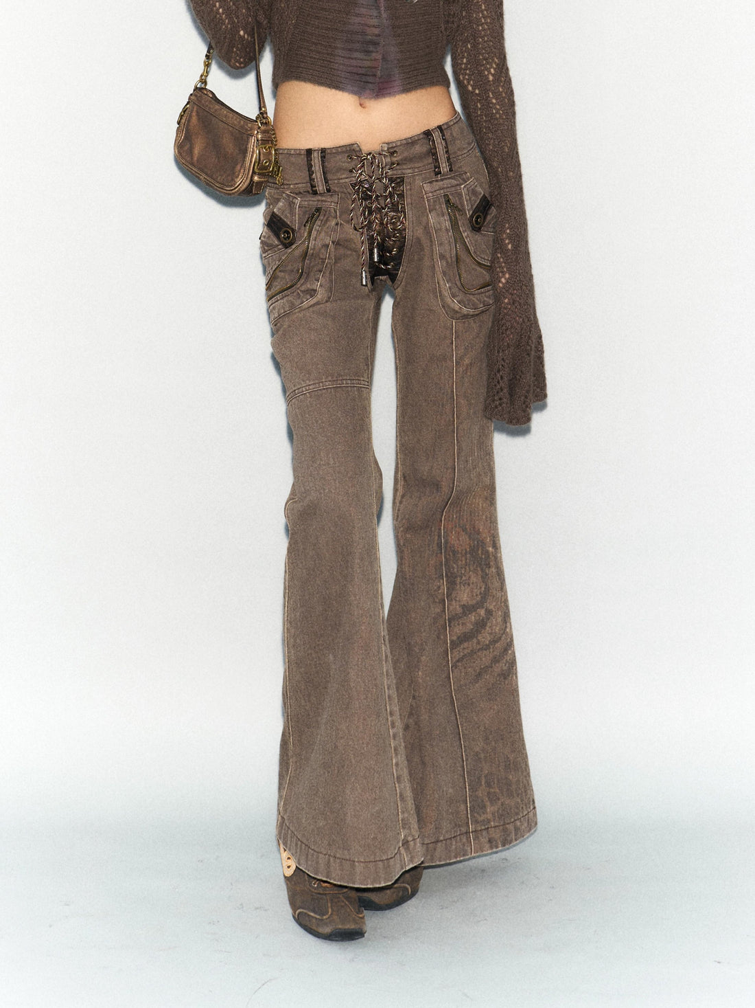 Flowers birds Market Printed Vintage Distressed Washed Denim Flared Trousers