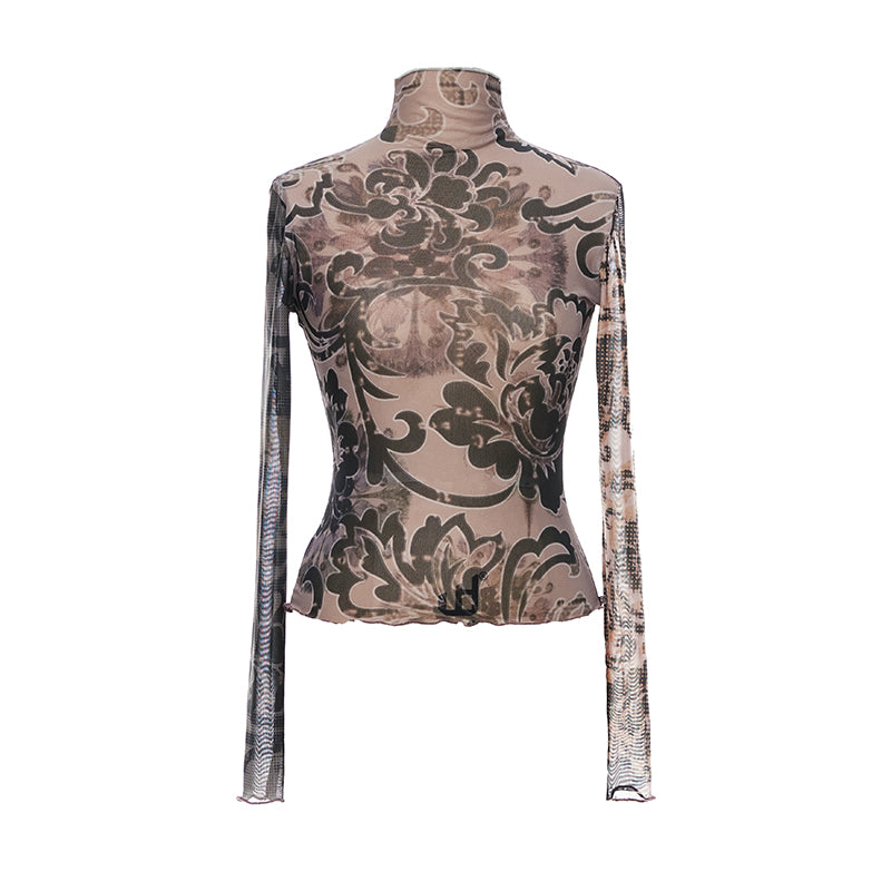 YOSHUYUKI  Floral Print Mesh Top With Vintage Spliced Sleeves