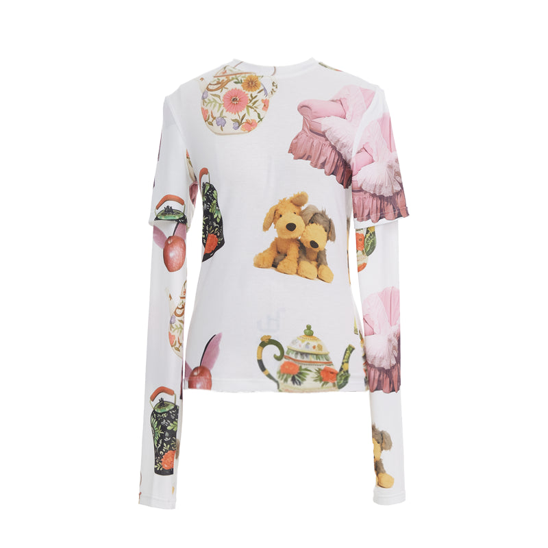 YOSHUYUKI V Neck T Shirt Long Sleeve Top With Playful Teapot Motif