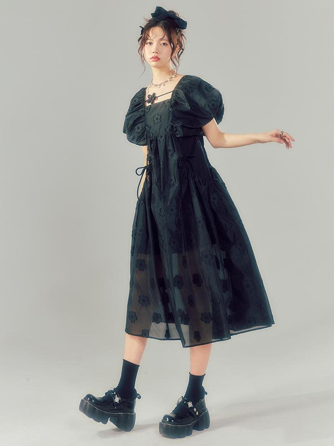 DIDDI MODA Puff Sleeve Smocked Jacquard Princess Maxi Dress