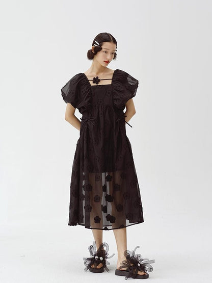 DIDDI MODA Puff Sleeve Smocked Jacquard Princess Maxi Dress