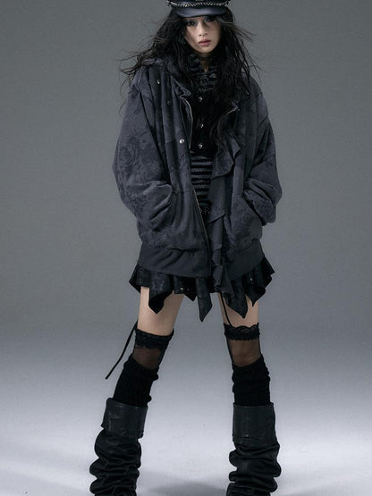 Punk Aesthetic Loose Fleece Peplum Hoodie Coat