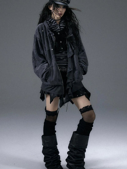 Punk Aesthetic Loose Fleece Peplum Hoodie Coat