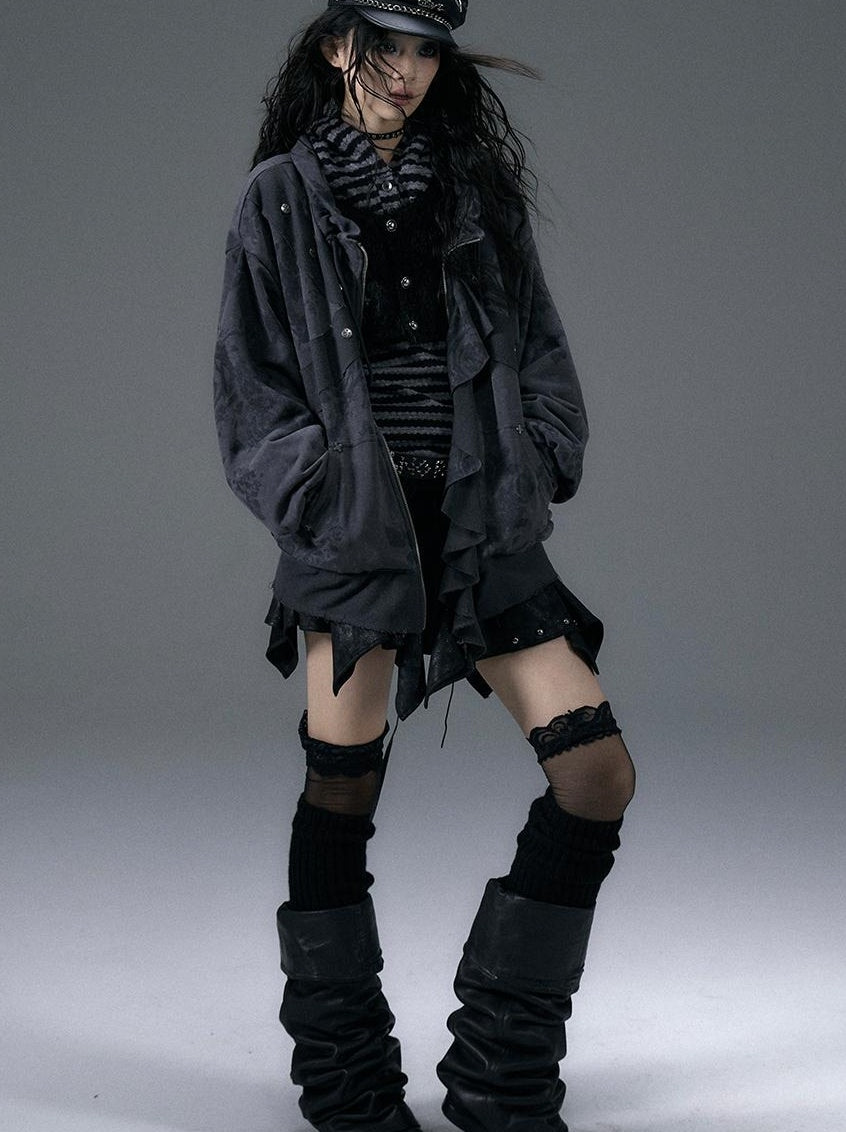 Punk Aesthetic Loose Fleece Peplum Hoodie Coat