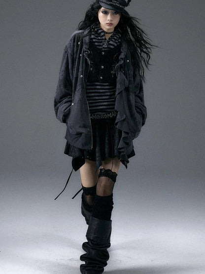 Punk Aesthetic Loose Fleece Peplum Hoodie Coat