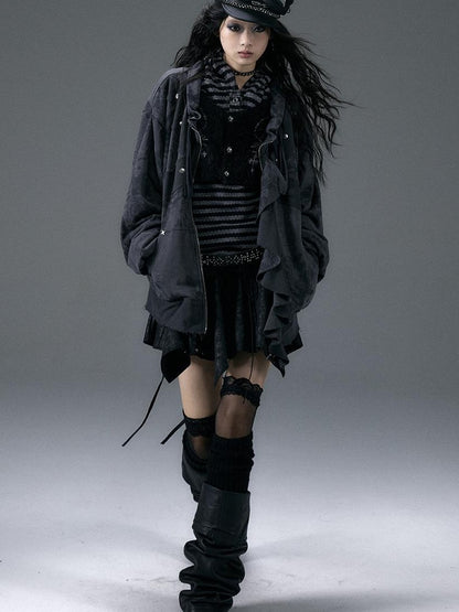 Punk Aesthetic Loose Fleece Peplum Hoodie Coat