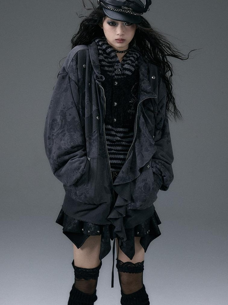 Punk Aesthetic Loose Fleece Peplum Hoodie Coat