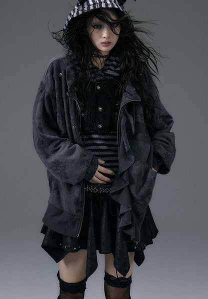 Punk Aesthetic Loose Fleece Peplum Hoodie Coat