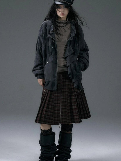 Punk Aesthetic Loose Fleece Peplum Hoodie Coat