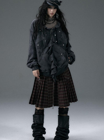 Punk Aesthetic Loose Fleece Peplum Hoodie Coat
