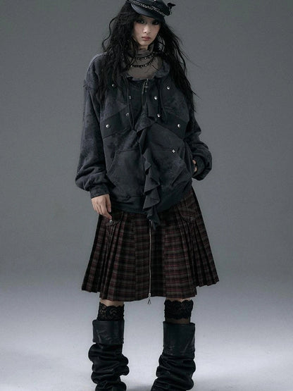Punk Aesthetic Loose Fleece Peplum Hoodie Coat