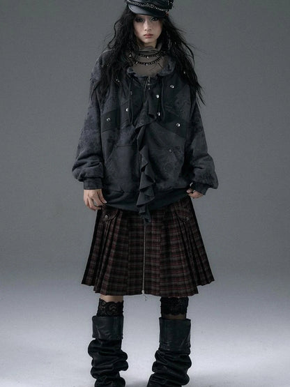 Punk Aesthetic Loose Fleece Peplum Hoodie Coat