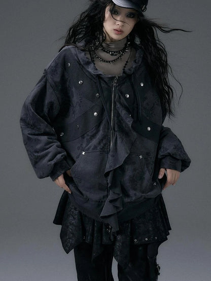 Punk Aesthetic Loose Fleece Peplum Hoodie Coat