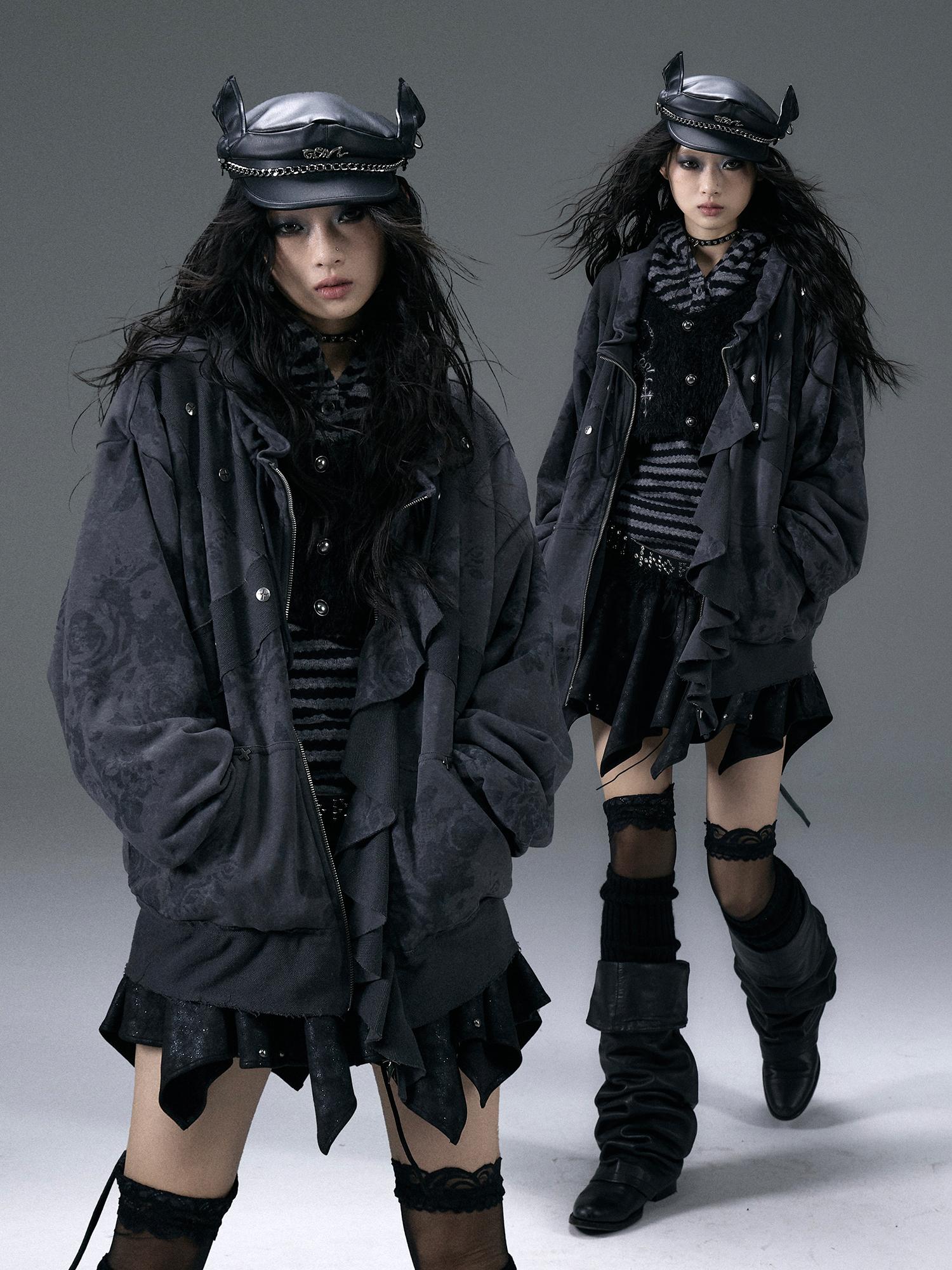 Punk Aesthetic Loose Fleece Peplum Hoodie Coat