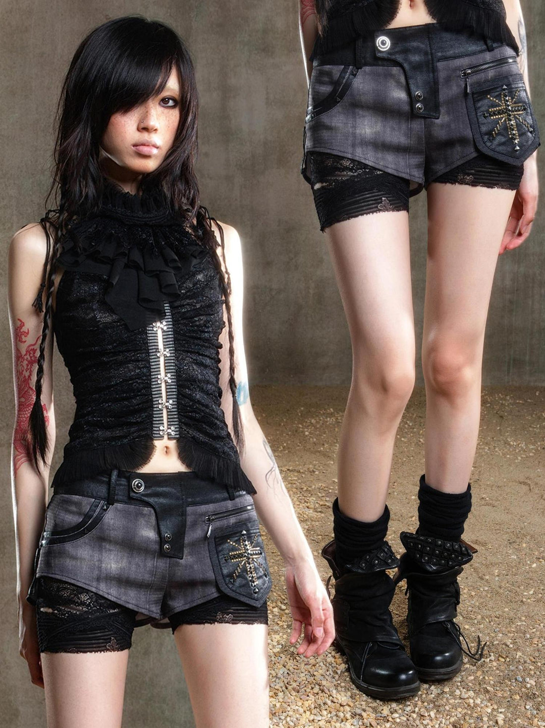 ARIADNAw Punk Asymmetrical Tie Waist Multi Function Low Rise Shorts