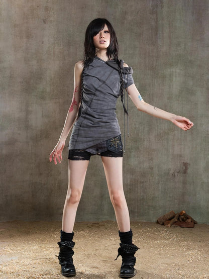 Punk Asymmetrical Tie Waist Multi Function Low Rise Shorts