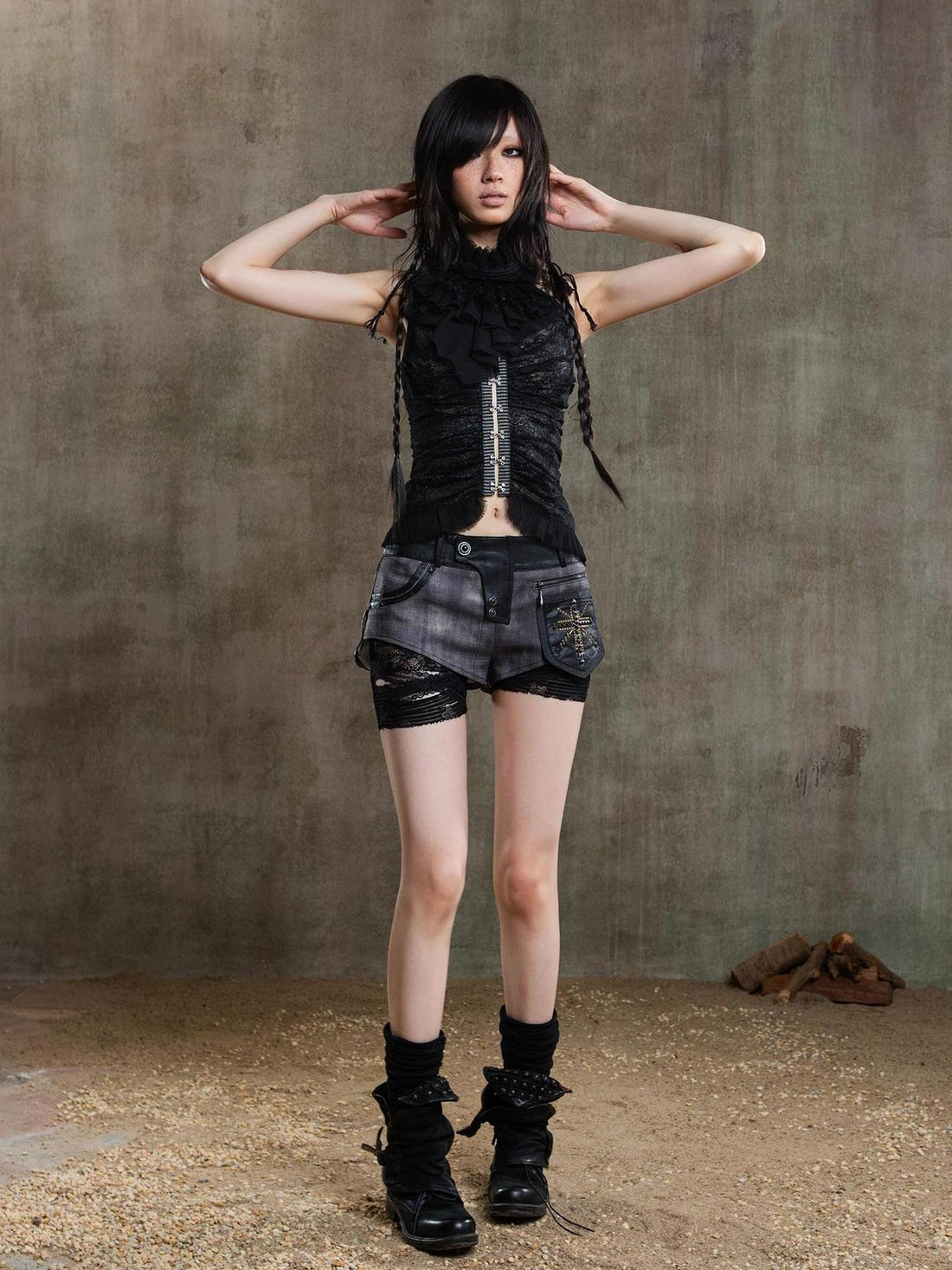 ARIADNAw Punk Asymmetrical Tie Waist Multi Function Low Rise Shorts