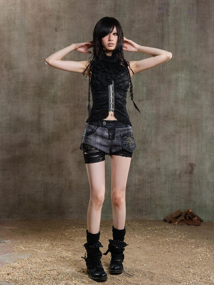 Punk Asymmetrical Tie Waist Multi Function Low Rise Shorts