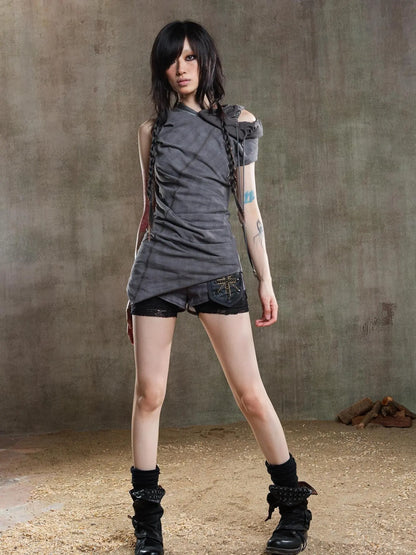 Punk Asymmetrical Tie Waist Multi Function Low Rise Shorts