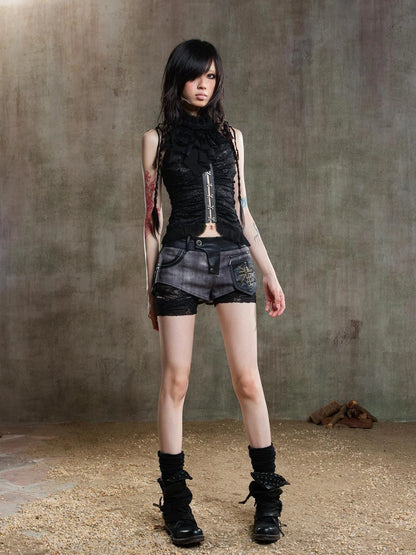 Punk Asymmetrical Tie Waist Multi Function Low Rise Shorts