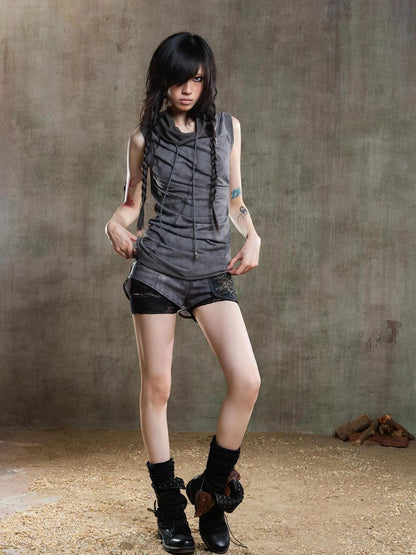 Punk Asymmetrical Tie Waist Multi Function Low Rise Shorts