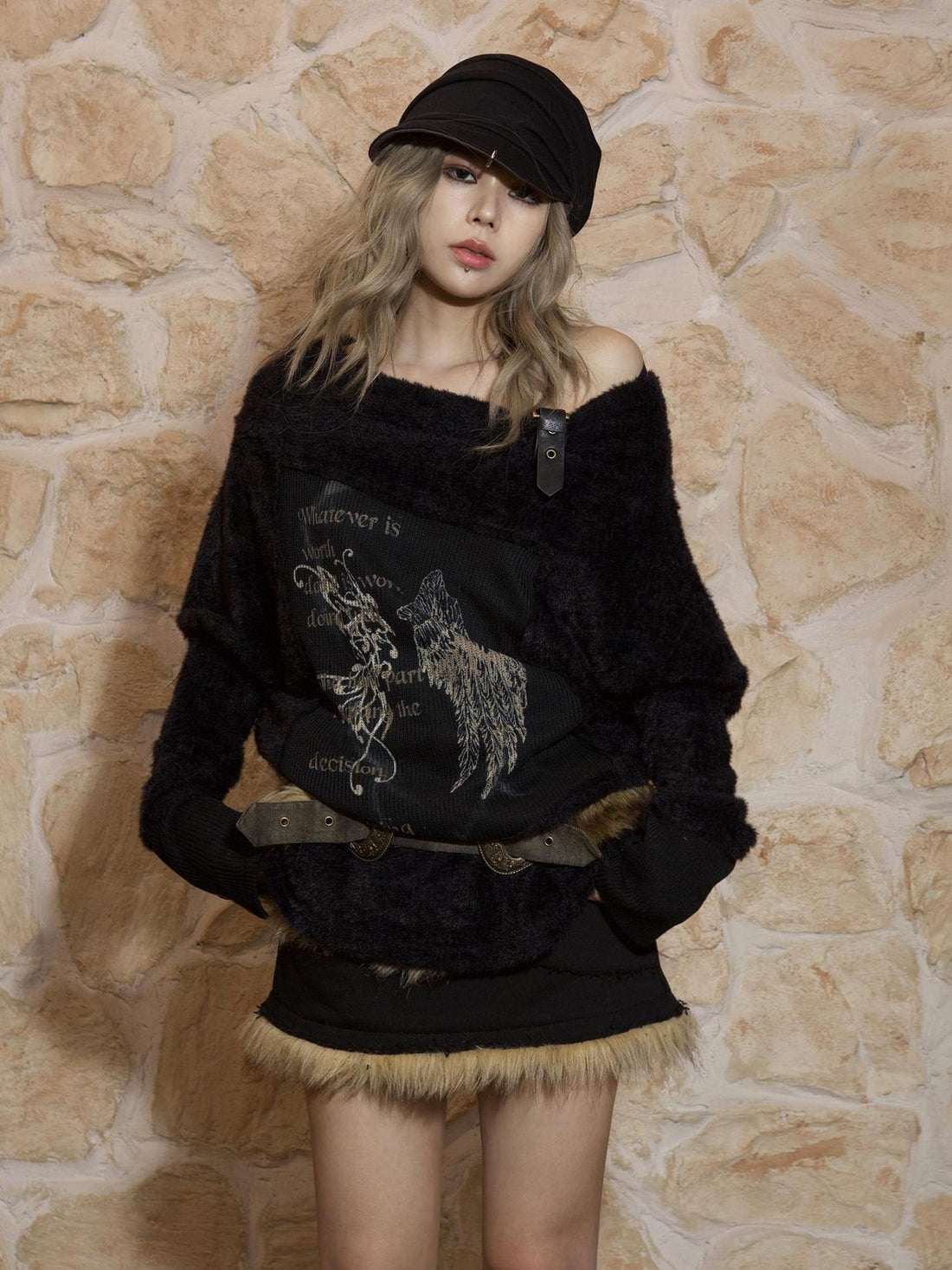 ARIADNAw Punk Bat Sleeve Knit Top