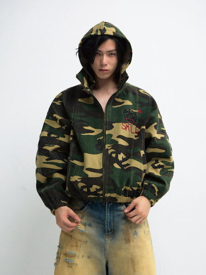 Peoplesense Punk Camo Distressed Hooded Sweatshirt Unisex Loose Fit Cotton Jacket
