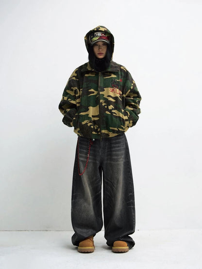 Punk Camo Distressed Hooded Sweatshirt Unisex Loose Fit Cotton Jacket