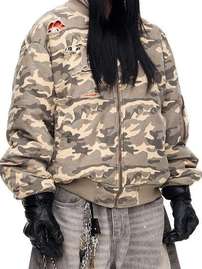 Peoplesense Punk Camo Distressed Thickened Unisex Vintage Bomber Jacket