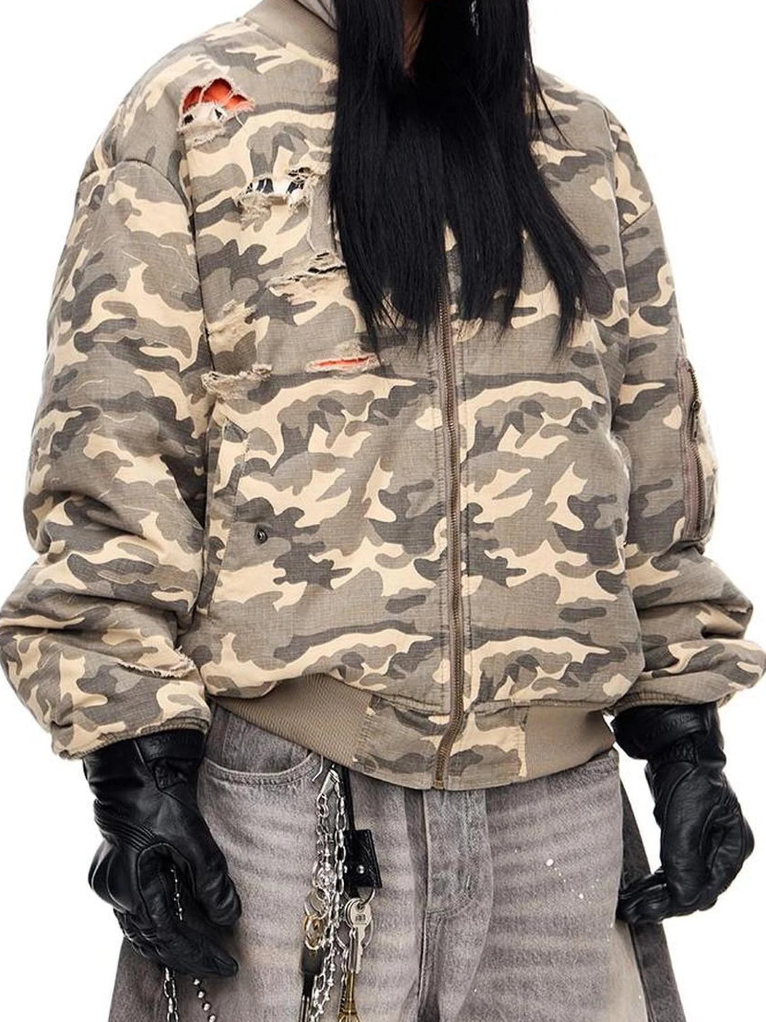 Punk Camo Distressed Thickened Unisex Vintage Bomber Jacket