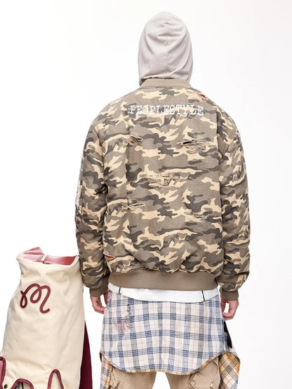 Punk Camo Distressed Thickened Unisex Vintage Bomber Jacket