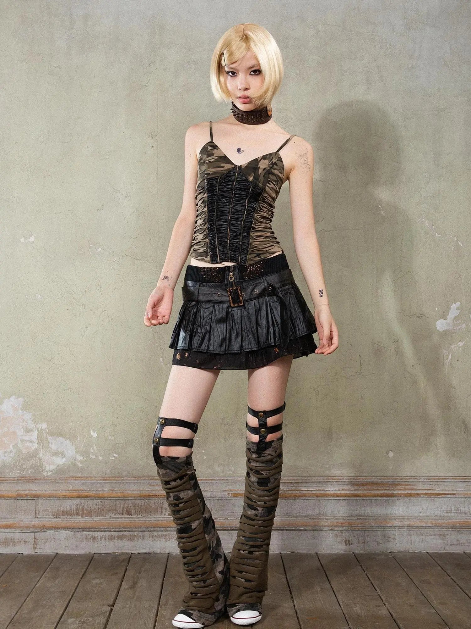 Punk Camouflage V Neck Cutout Tank Top