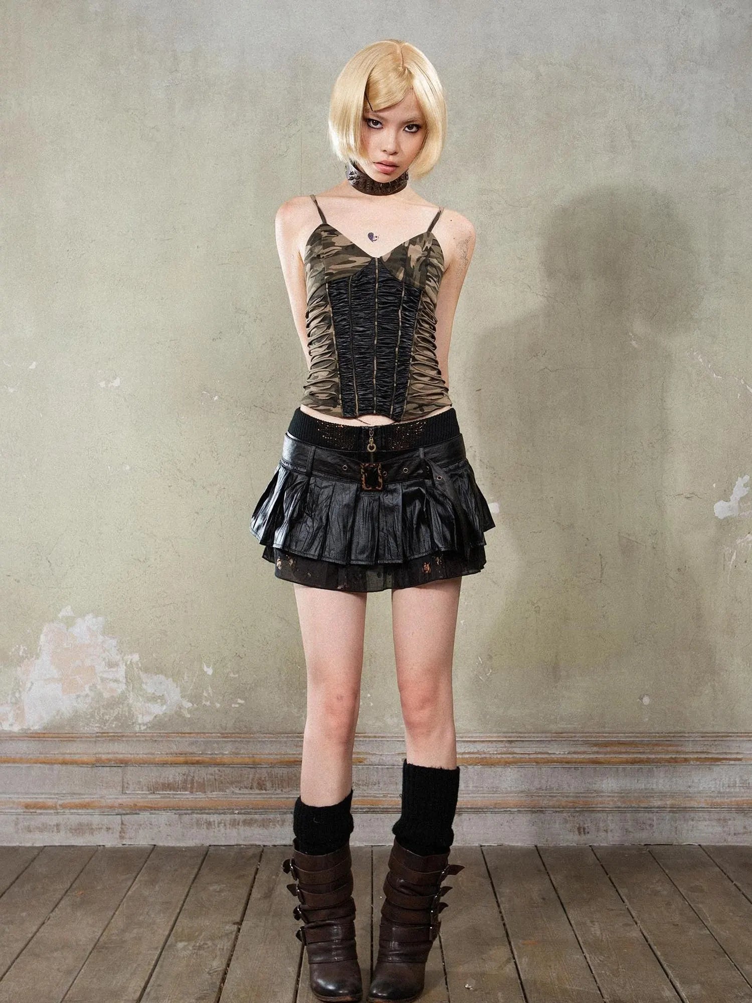 Punk Camouflage V Neck Cutout Tank Top