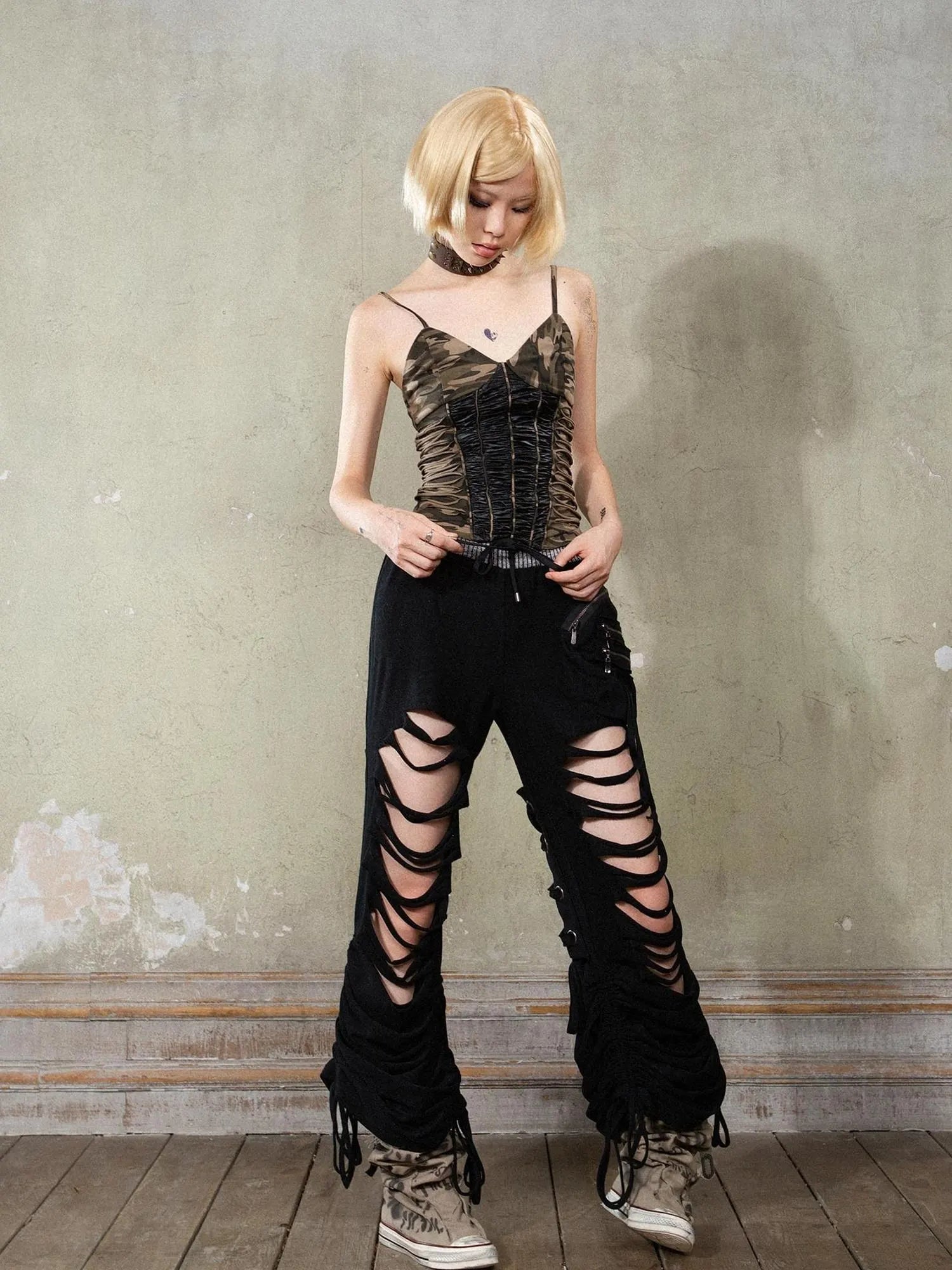 Punk Camouflage V Neck Cutout Tank Top