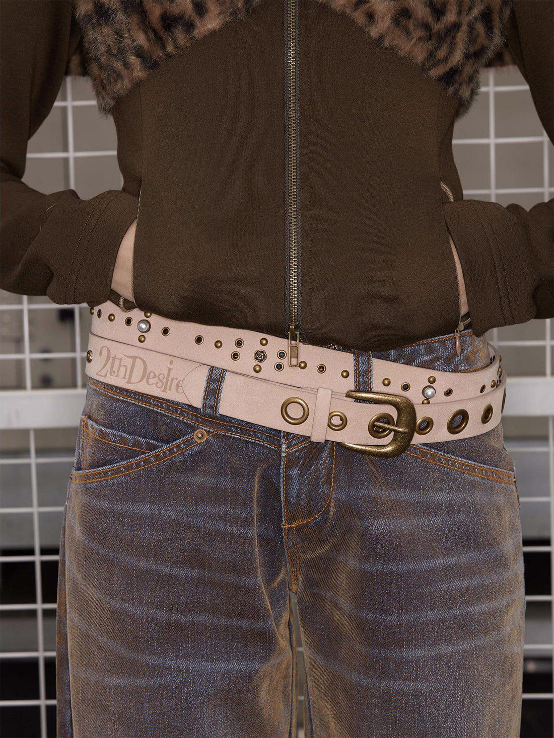 2th Desire Punk Colorblock Letter Print Suede Belt With Studs Hardware