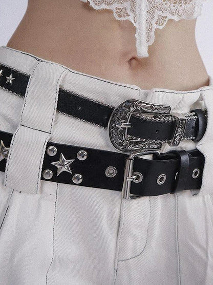 Punk Dark Pentagram Studded Belt With Metal Accessories