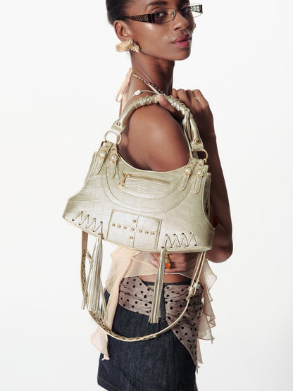2th Desire Punk Deconstructed Crossbody Bag With Studs Fringe Vintage Handbag