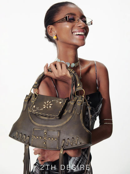 2th Desire Punk Deconstructed Crossbody Bag With Studs Fringe Vintage Handbag
