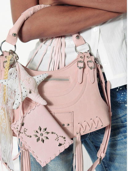 2th Desire Punk Deconstructed Crossbody Bag With Studs Fringe Vintage Handbag