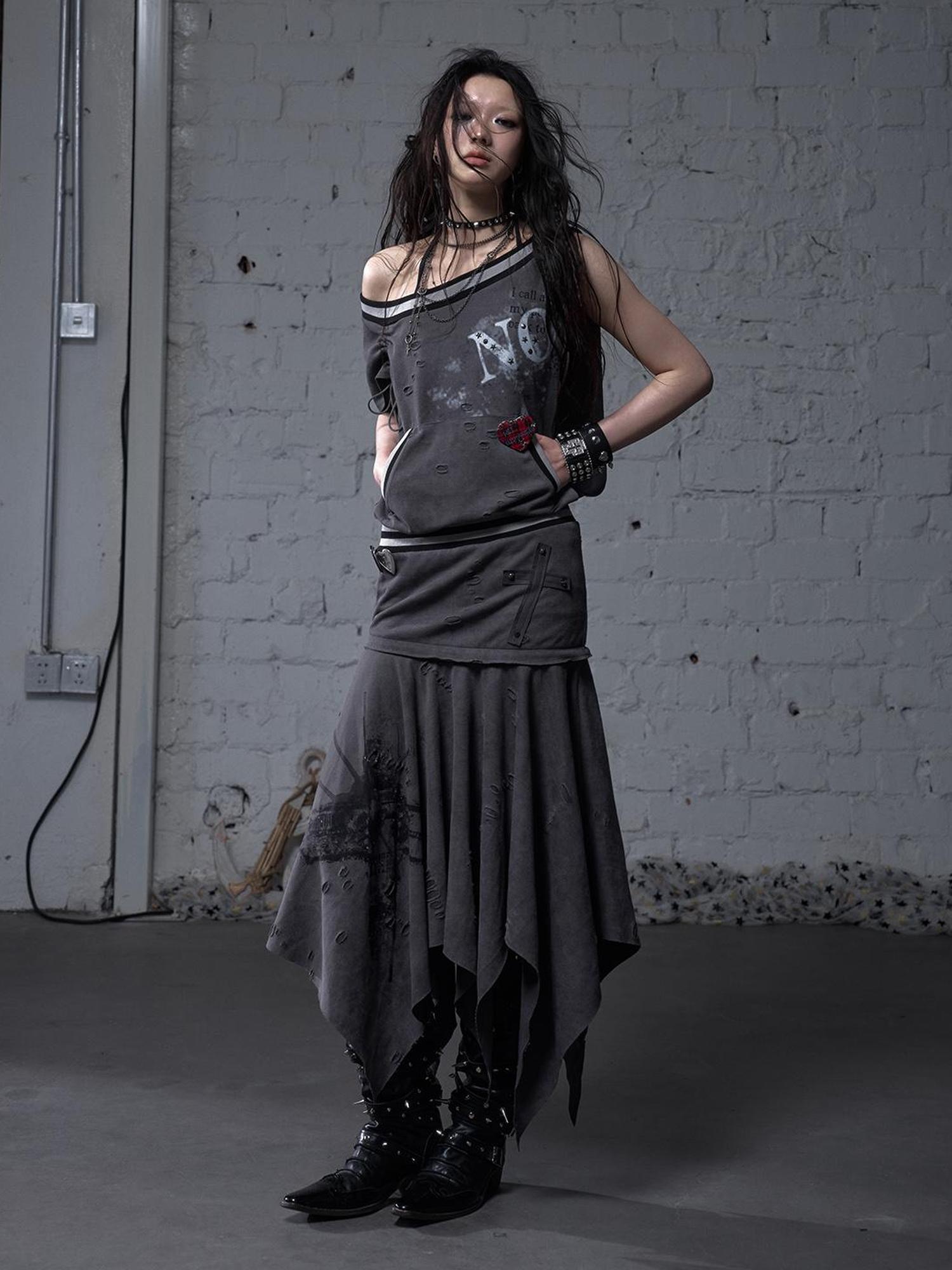 NO ROMANCE Punk Detachable Hem Sleeveless Bodycon Dress