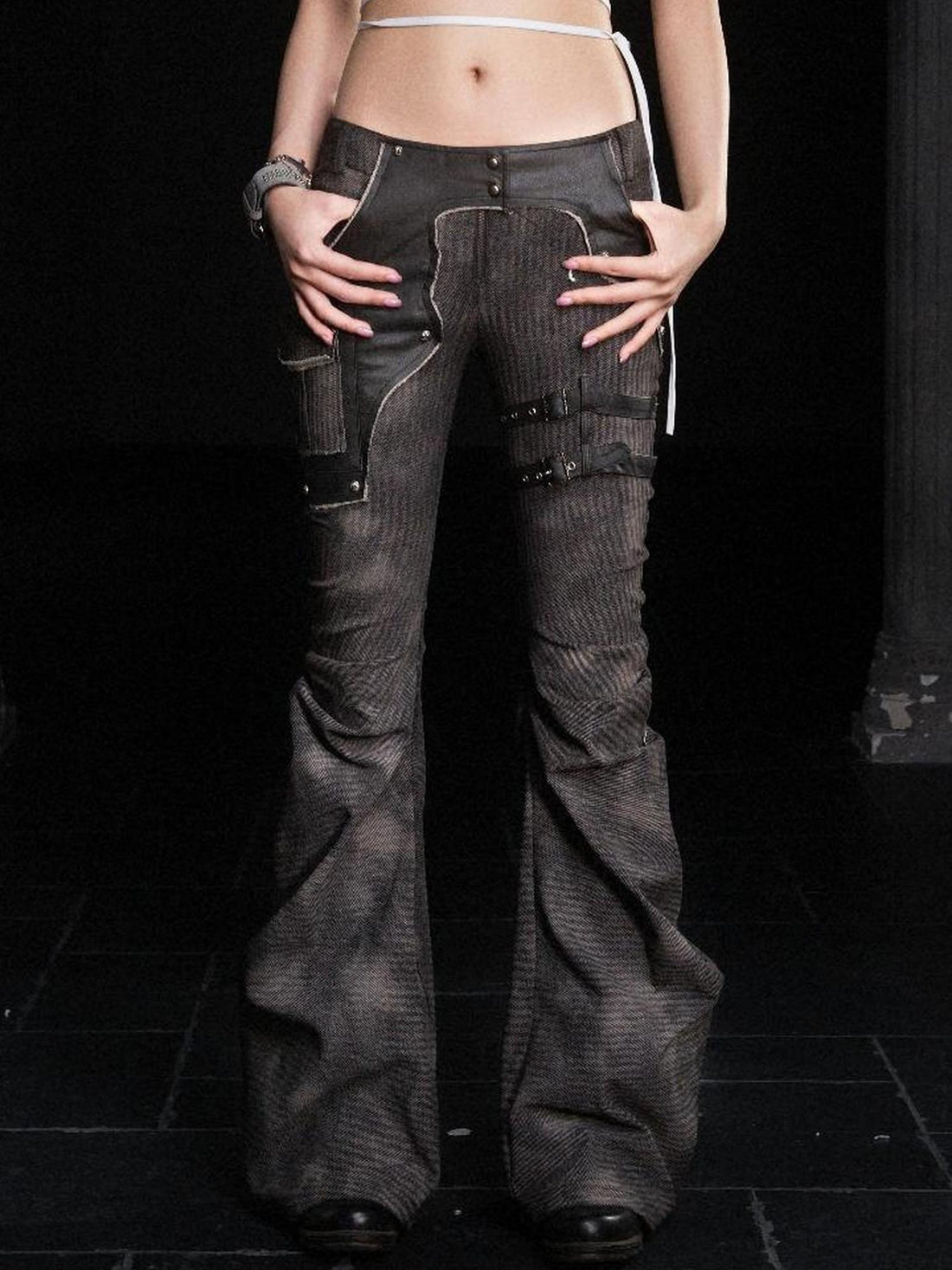 ARIADNAw Punk Distressed Knit Denim Low Rise Flared Jeans