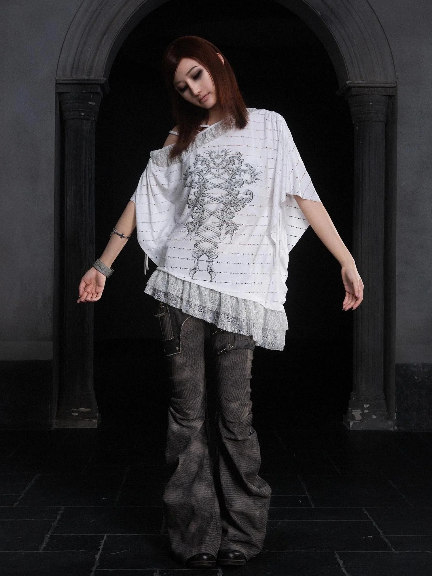 Punk Distressed Knit Denim Low Rise Flared Jeans